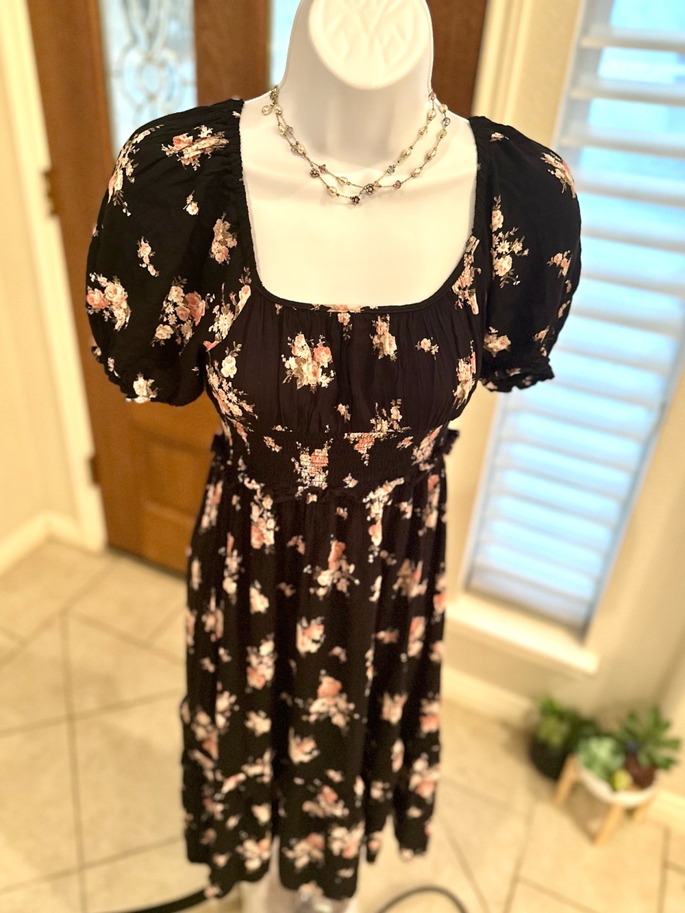 Angie Black Midi Dress with Pink Floral Print